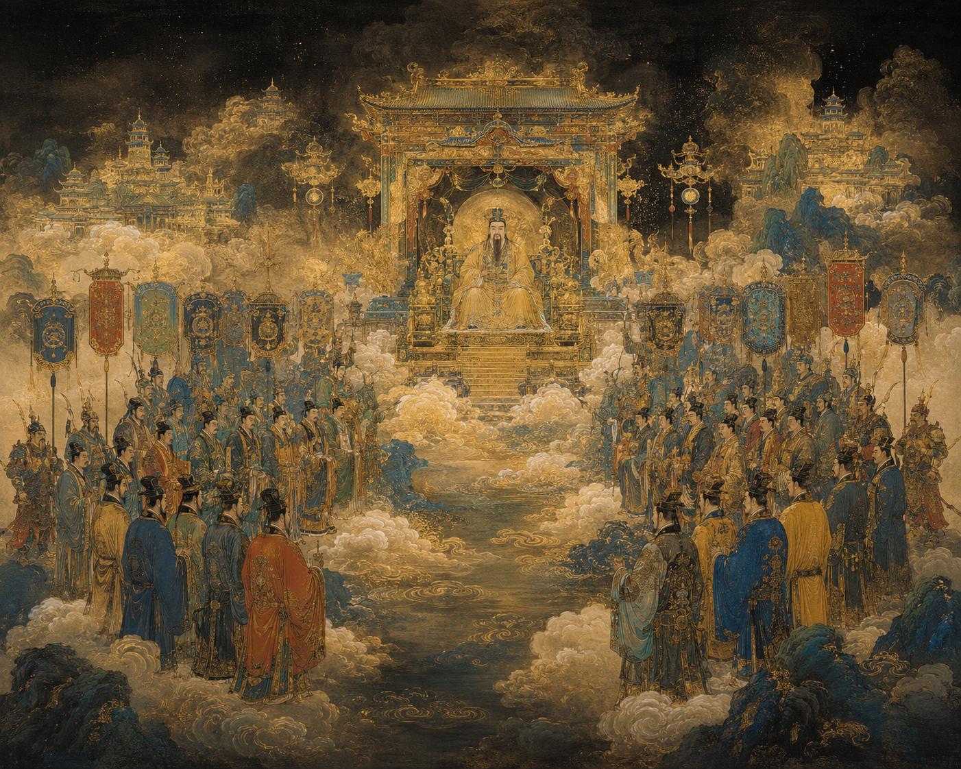 天庭朝会横图,玉皇居中端坐云端金阙,两侧朝班神官、仪仗幡幢分列,云海金光弥漫